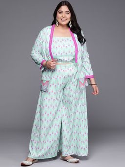 A plus by Ahalyaa - Women Plus Size Blue Printed Ethnic Co-Ord (Set of 3)