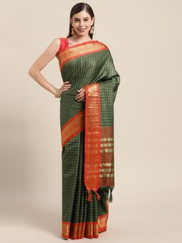 Vastranand - Green & Orange Checked Zari Pure Silk Gadwal Saree with Unstitched Blouse