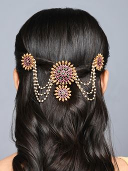 Fida - Ethnic Gold Plated Red & Green Stone Studded Circular Temple Juda Pin for Women