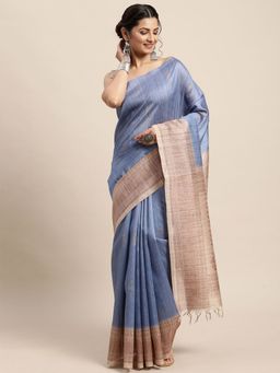 Odette - Womens Silk Blend Blue Printed Designer Saree with Unstitched Blouse