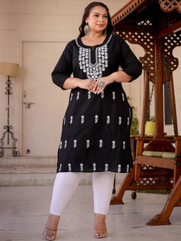 Yufta - Women Black Chikankari Straight Plus Size Kurta