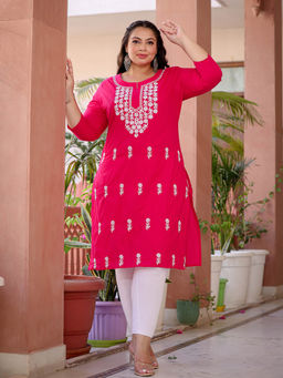 Yufta - Women Hot Pink Chikankari Straight Plus Size Kurta