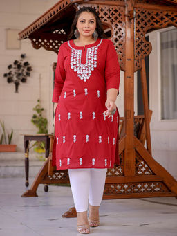 Yufta - Women Maroon Chikankari Straight Plus Size Kurta