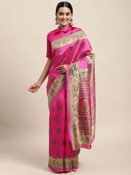 Sareemall - Silk Blend Pink Printed Celebrity Saree With Unstitched Blouse