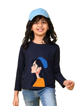 Nusyl - Girl Navy Blue Printed Full Sleeves T-shirt