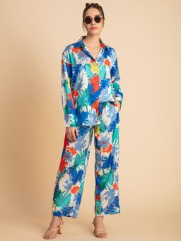 Lounge Dreams - Blue Floral Printed Satin Co-Ord (Set of 2)