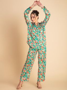 Lounge Dreams - Green Floral Printed Satin Co-Ord (Set of 2)