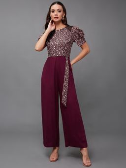 Miss Chase - Women's Wine Round Neck Cowl Sleeve Floral Printed Wide Leg Jumpsuit