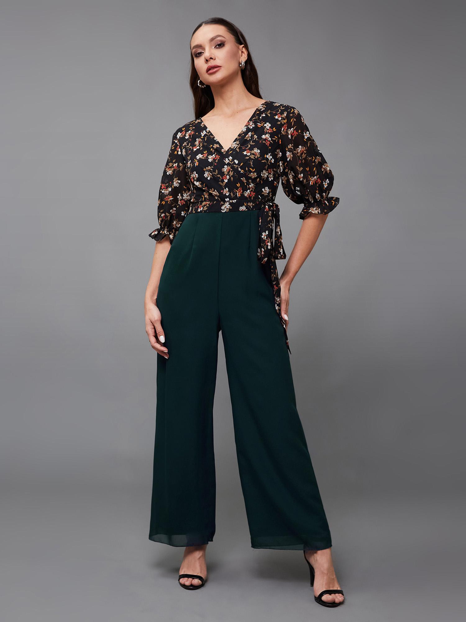 miss chase Women's Base teal V-Neck Puff Sleeve Floral Printed Wrap Georgette Jumpsuit-picture-31