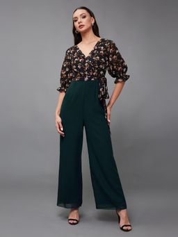 Miss Chase - Women's Base teal V-Neck Puff Sleeve Floral Printed Wrap Georgette Jumpsuit