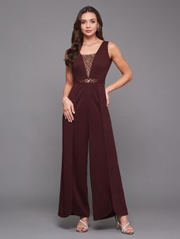 Miss Chase - Women's Wine Square Neck Sleeveless Embellished Laced Party Jumpsuit