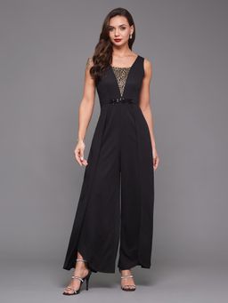 Miss Chase - Women's Black Square Neck Sleeveless Laced Layered Party Jumpsuit