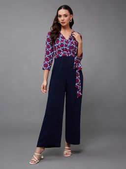 Miss Chase - Womens Navy Blue V-Neck Geometric Patterned Wrap Polyester Jumpsuit