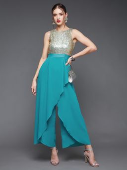 Miss Chase - Womens Turquoise Round Neck Sleeveless Embellished Layered Jumpsuit