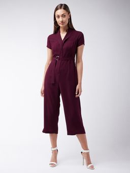 Miss Chase - Womens Wine Shawl Collar Half Sleeve Solid Straight Leg Jumpsuit (Set of 2)