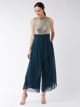 Miss Chase - Women's Teal Relaxed Fit Round Neck Sleeveless Party Jumpsuit