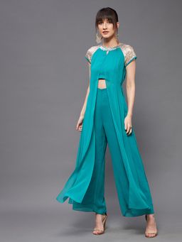 Miss Chase - Womens Turquoise Round Neck Raglan Sleeve Embellished Layered Jumpsuit