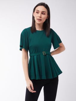 Miss Chase - Womens Green Solid Polyester Round Neck Short Sleeve Top