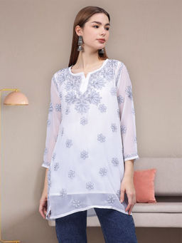 Seva Chikan - Hand Embroidered Grey Georgette Lucknowi Chikankari Kurti with Inner (Set of 2)