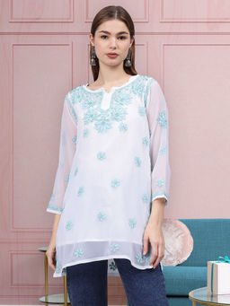 Seva Chikan - Hand Embroidered Green Georgette Lucknowi Chikankari Kurti with Inner (Set of 2)