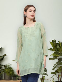 Seva Chikan - Hand Embroidered Green Georgette Lucknowi Chikankari Kurti with Inner (Set of 2)