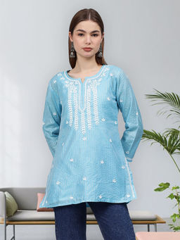 Seva Chikan - Hand Embroidered Blue Chanderi Lucknowi Chikankari Kurti with Inner (Set of 2)