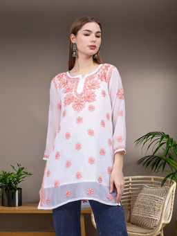 Seva Chikan - Hand Embroidered Rust Georgette Lucknowi Chikankari Kurti with Inner (Set of 2)