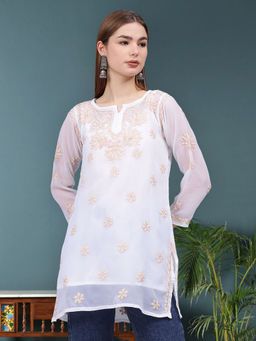 Seva Chikan - Hand Embroidered Beige Georgette Lucknowi Chikankari Kurti with Inner (Set of 2)