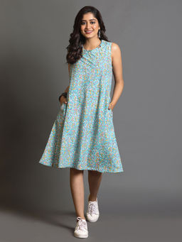 EARTHWEAR - Turquoise Floral Print A Line Sleeveless Dress