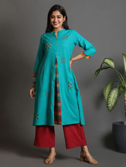 EARTHWEAR - Turquoise Hand Woven A Line Kali Kurta with Kantha Embroidery Detailing