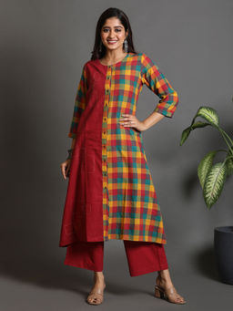 EARTHWEAR - Multi Color Block Hand Woven Front Open Kurta with Kantha Embroidery Detailing