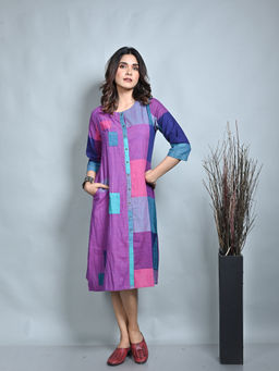 EARTHWEAR - Pink Purple Color Block Front Open Kurta with Kantha Embroidery Detailing