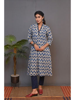 EARTHWEAR - Blue-Beige Block Print A Line Kurta with Pockets