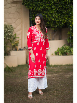 RANGREZA ETHNIC - Red Lolita Chikankari Modal Kurta
