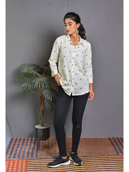 EARTHWEAR - Off-White Geometric Print Collar Neck Shirt with Black All Over Buta