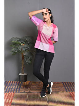 EARTHWEAR - Pink Color Block Tunic with Kantha Hand Embroidery Detailing