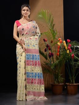 CHARUKRITI - Off White Handwoven Saree with Multicolor Woven Designs & Motifs