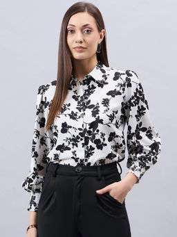 Style Quotient - Women Black and White Floral Printed Polyester Regular Fit Smart Casual Shirt
