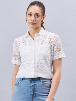 Style Quotient - Women White Lace Smart Casual Shirt