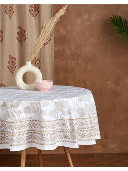 Fabindia - White Dhaani Cotton Printed Round Table Cover (6 Seater)