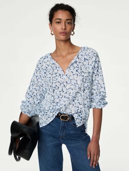 Marks & Spencer - Pure Cotton Printed Tie Neck Top