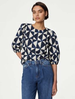 Marks & Spencer - Pure Cotton Round Neck Puff Sleeve Top