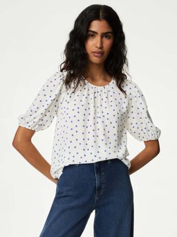 Marks & Spencer - Printed Round Neck Puff Sleeve Top