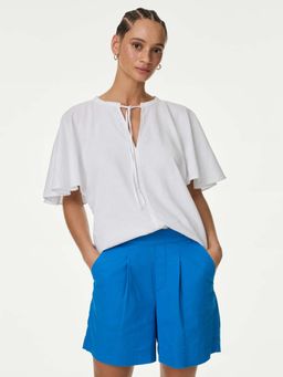 Marks & Spencer - Linen Rich Tie Neck Angel Sleeve Top