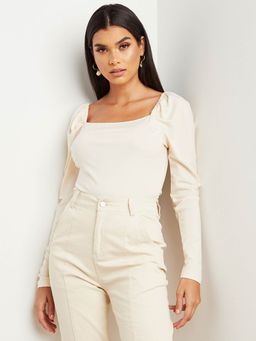 Styli - Nude Plain Square Neck Bodysuit With Puff Sleeves