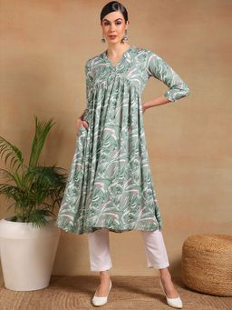 Vaamsi - Women Green Viscose Rayon Floral Printed A-Line Kurta