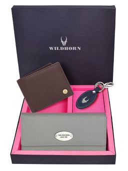 WILDHORN - Premium Leather Ladies Wallet, Mens Wallet and Keychain Gift -1K_GR_2052BRN_K (Set of 3)