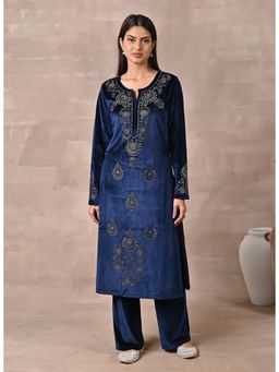 Lakshita - Navy Blue Velvet Kurta With Fine Mirror Work