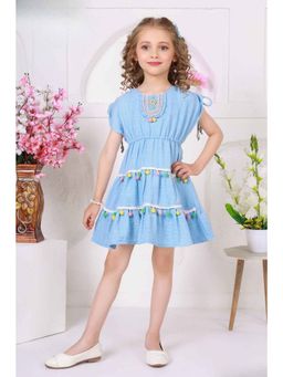 Lagorii - Light Blue Pom-Pom Cotton Embroidered Frock