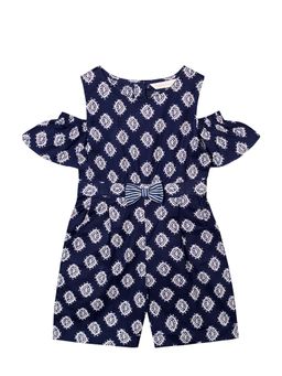 Budding Bees - Navy Blue Girls Cotton Block Printed Jumpsuit